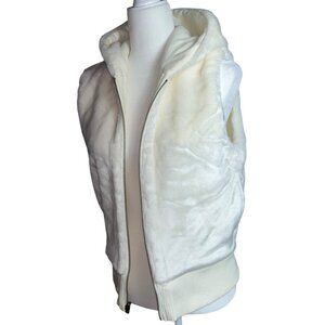 Soft Ivory Vest Faux Fur Jersey Reversible Hood Zip Warm Feminine Glam Womens M